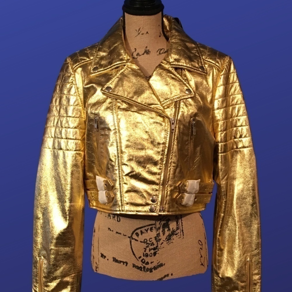 CARRIE HOXTON Ladies Biker Metallic GOLD Leather Jacket, Cropped, Women’s 14-16